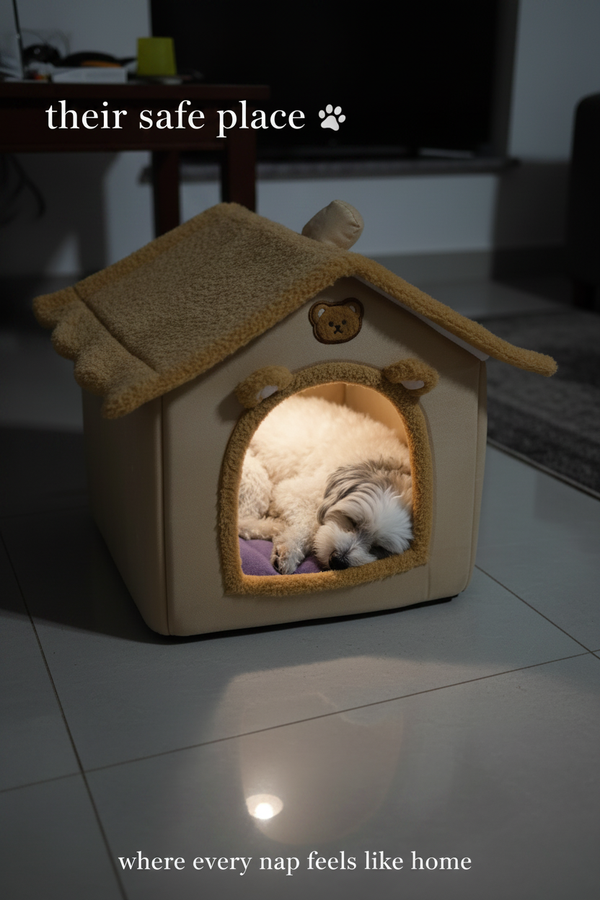 AuraDen Cozy Cave Pet House — anxious cat finding a safe space